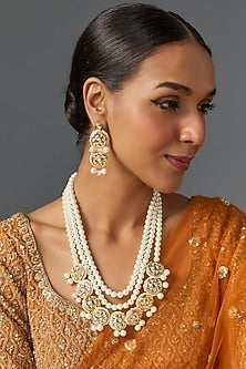 Gold Finish Kundan Polki & Shell Pearl Necklace Set