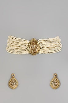 Gold Finish Kundan Polki & Shell Pearl Choker Necklace Set