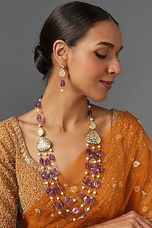 Gold Finish Kundan Polki & Amethyst Beaded Long Necklace Set