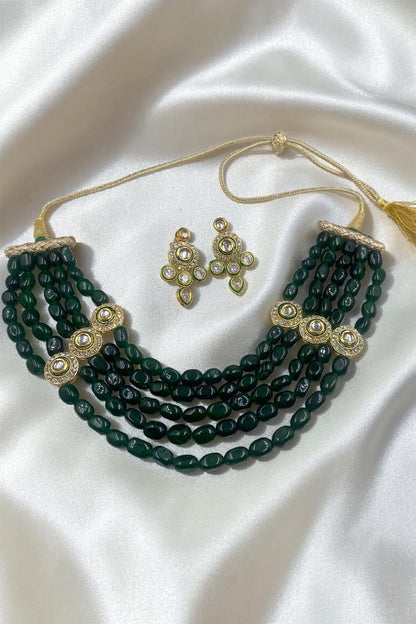 Green Quartz Stone & Kundan Polki Necklace Set