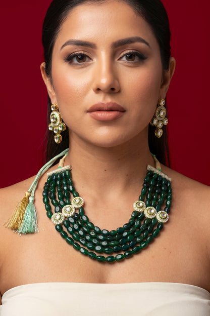 Green Quartz Stone & Kundan Polki Necklace Set