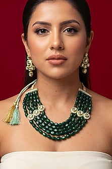 Green Quartz Stone & Kundan Polki Necklace Set