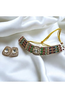 Gold Finish Multi-Colored Kundan Polki Choker Necklace Set