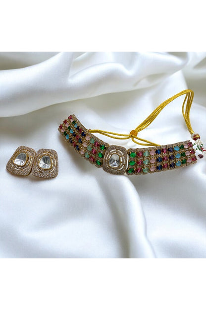 Gold Finish Multi-Colored Kundan Polki Choker Necklace Set