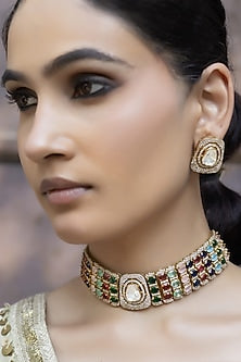 Gold Finish Multi-Colored Kundan Polki Choker Necklace Set