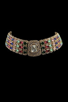 Gold Finish Multi-Colored Kundan Polki Choker Necklace Set