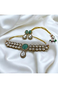 Gold Finish Mint Green Kundan Polki Choker Necklace Set