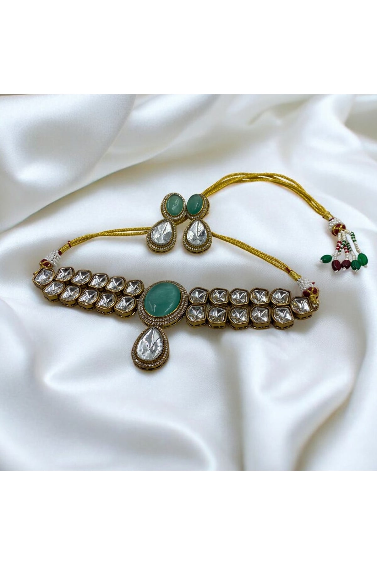 Gold Finish Mint Green Kundan Polki Choker Necklace Set