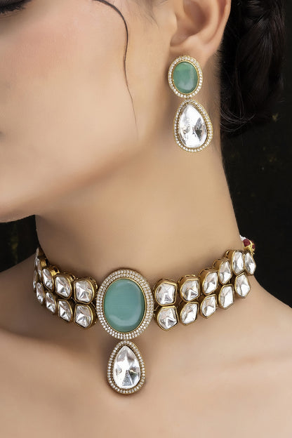 Gold Finish Mint Green Kundan Polki Choker Necklace Set