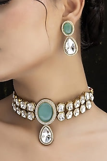 Gold Finish Mint Green Kundan Polki Choker Necklace Set