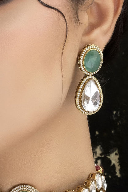 Gold Finish Mint Green Kundan Polki Choker Necklace Set