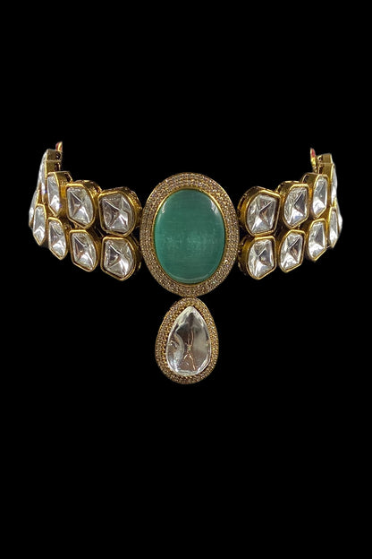 Gold Finish Mint Green Kundan Polki Choker Necklace Set