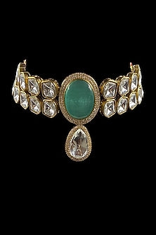Gold Finish Mint Green Kundan Polki Choker Necklace Set