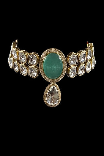 Gold Finish Mint Green Kundan Polki Choker Necklace Set