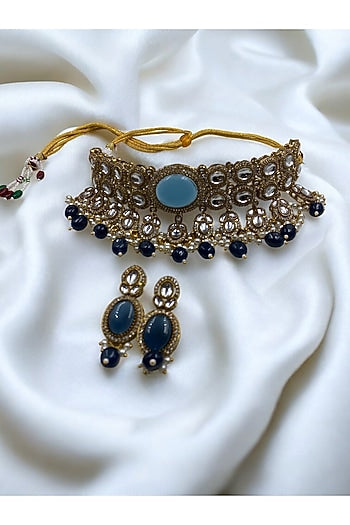 Gold Finish Royal Blue Kundan Polki Choker Necklace Set