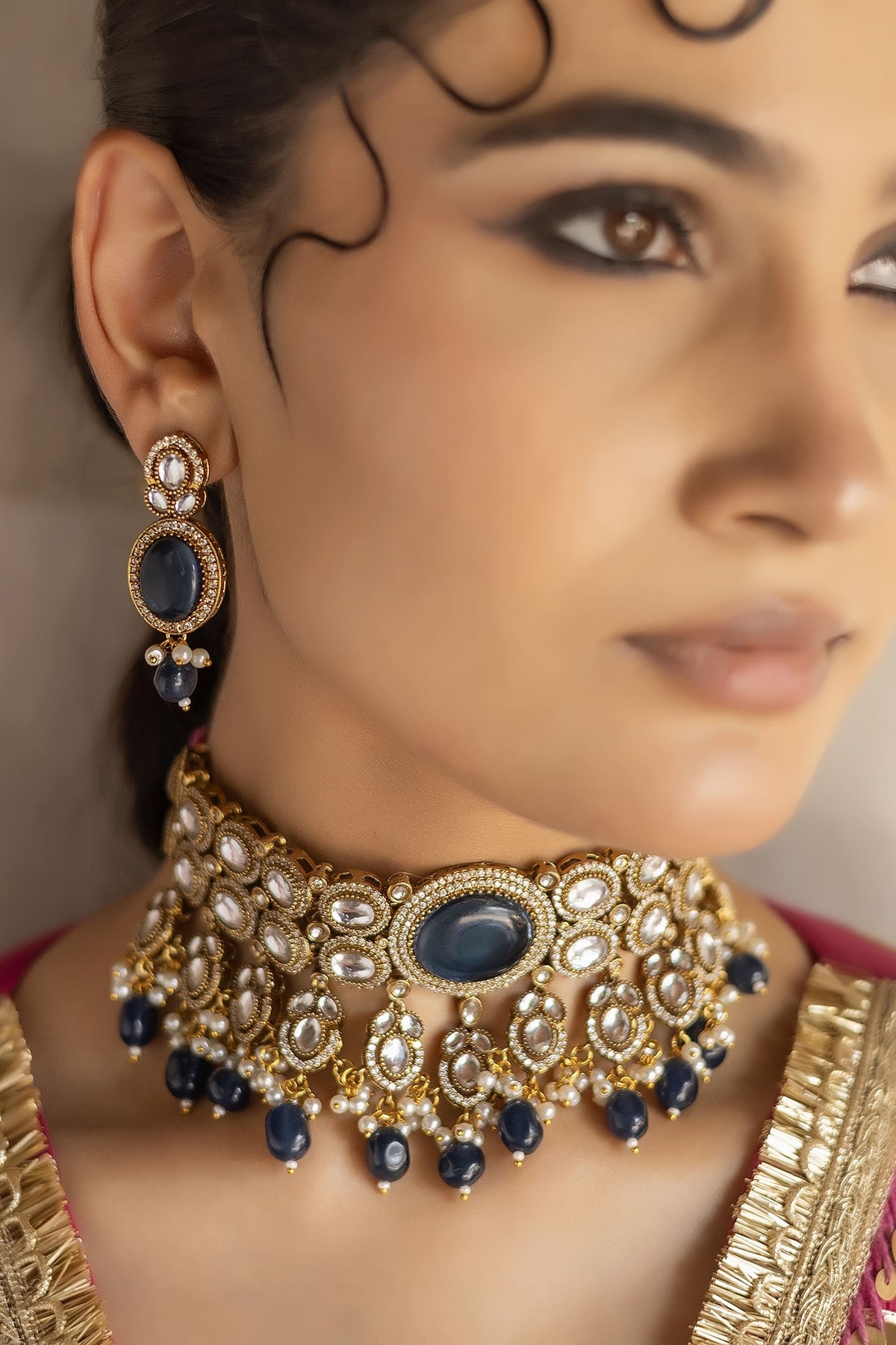 Gold Finish Royal Blue Kundan Polki Choker Necklace Set