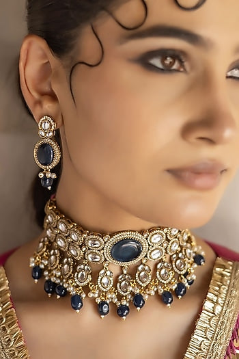 Gold Finish Royal Blue Kundan Polki Choker Necklace Set