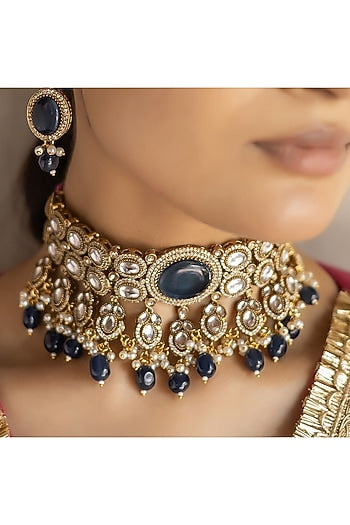 Gold Finish Royal Blue Kundan Polki Choker Necklace Set