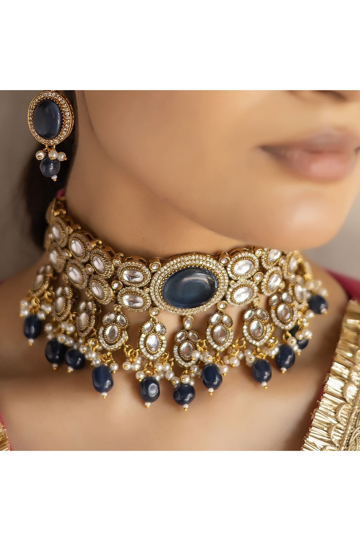 Gold Finish Royal Blue Kundan Polki Choker Necklace Set