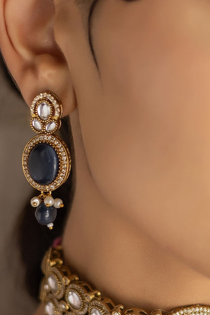 Gold Finish Royal Blue Kundan Polki Choker Necklace Set