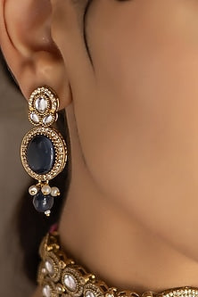 Gold Finish Royal Blue Kundan Polki Choker Necklace Set