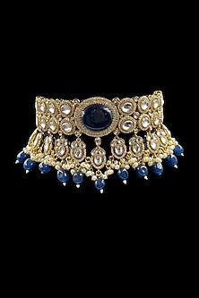 Gold Finish Royal Blue Kundan Polki Choker Necklace Set