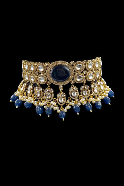 Gold Finish Royal Blue Kundan Polki Choker Necklace Set