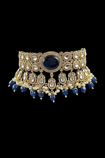 Gold Finish Royal Blue Kundan Polki Choker Necklace Set