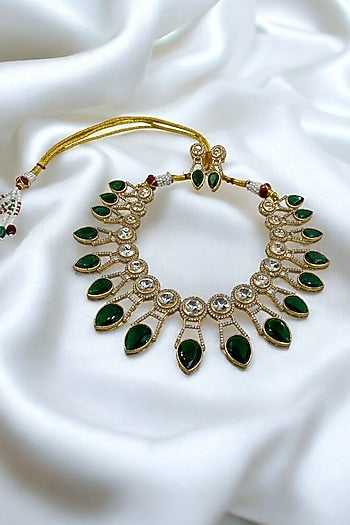 Gold Finish Green Kundan Polki Choker Necklace Set