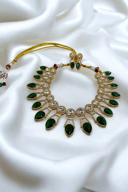 Gold Finish Green Kundan Polki Choker Necklace Set