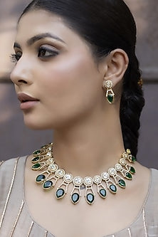 Gold Finish Green Kundan Polki Choker Necklace Set