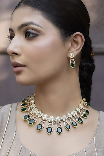 Gold Finish Green Kundan Polki Choker Necklace Set