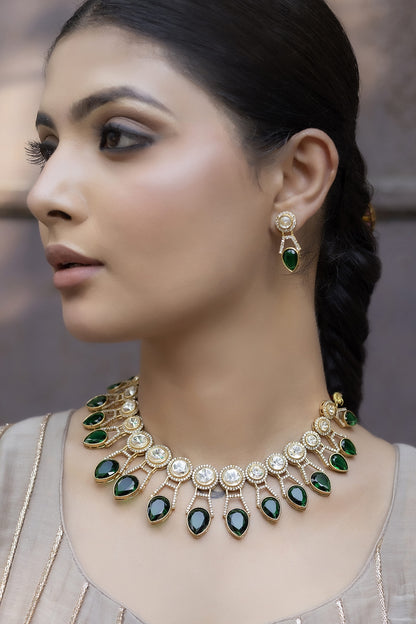 Gold Finish Green Kundan Polki Choker Necklace Set