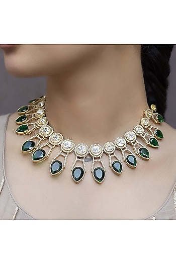 Gold Finish Green Kundan Polki Choker Necklace Set