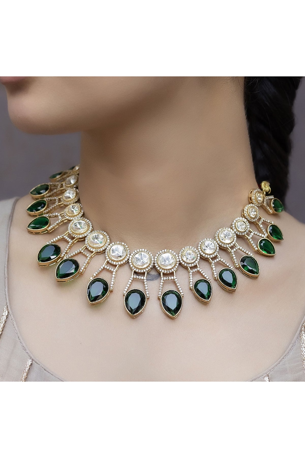 Gold Finish Green Kundan Polki Choker Necklace Set