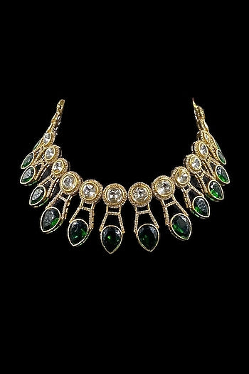Gold Finish Green Kundan Polki Choker Necklace Set