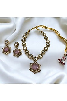 Gold Finish Pink Kundan Polki Necklace Set