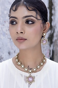 Gold Finish Pink Kundan Polki Necklace Set