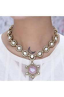 Gold Finish Pink Kundan Polki Necklace Set