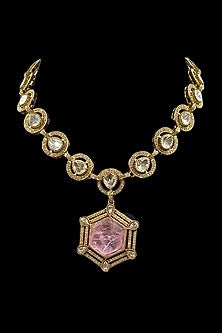 Gold Finish Pink Kundan Polki Necklace Set