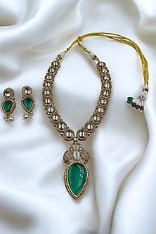 Gold Finish Green Kundan Polki Long Necklace Set