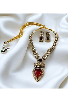 Gold Finish Red Kundan Polki Long Necklace Set