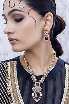 Gold Finish Red Kundan Polki Long Necklace Set