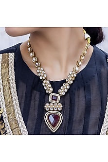 Gold Finish Red Kundan Polki Long Necklace Set