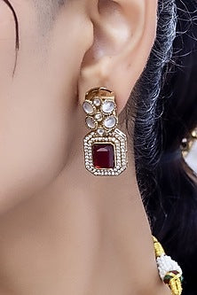 Gold Finish Red Kundan Polki Long Necklace Set