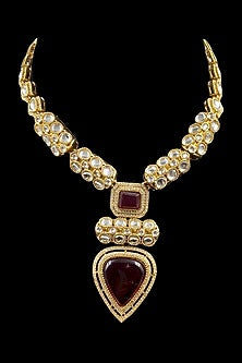 Gold Finish Red Kundan Polki Long Necklace Set