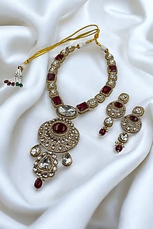 Gold Finish Red Kundan Polki Long Necklace Set