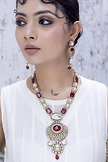 Gold Finish Red Kundan Polki Long Necklace Set