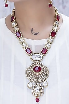 Gold Finish Red Kundan Polki Long Necklace Set