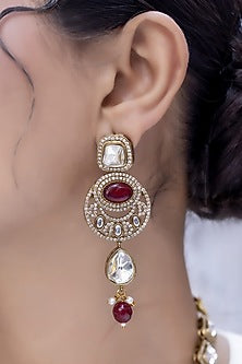 Gold Finish Red Kundan Polki Long Necklace Set